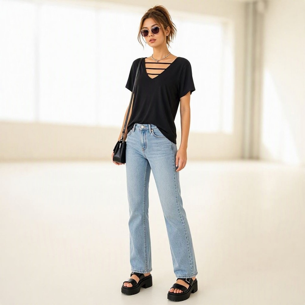 Y2K Top Tee Whimsigoth Grunge Short Sleeve Minimalist Strappy V-Neck S Black